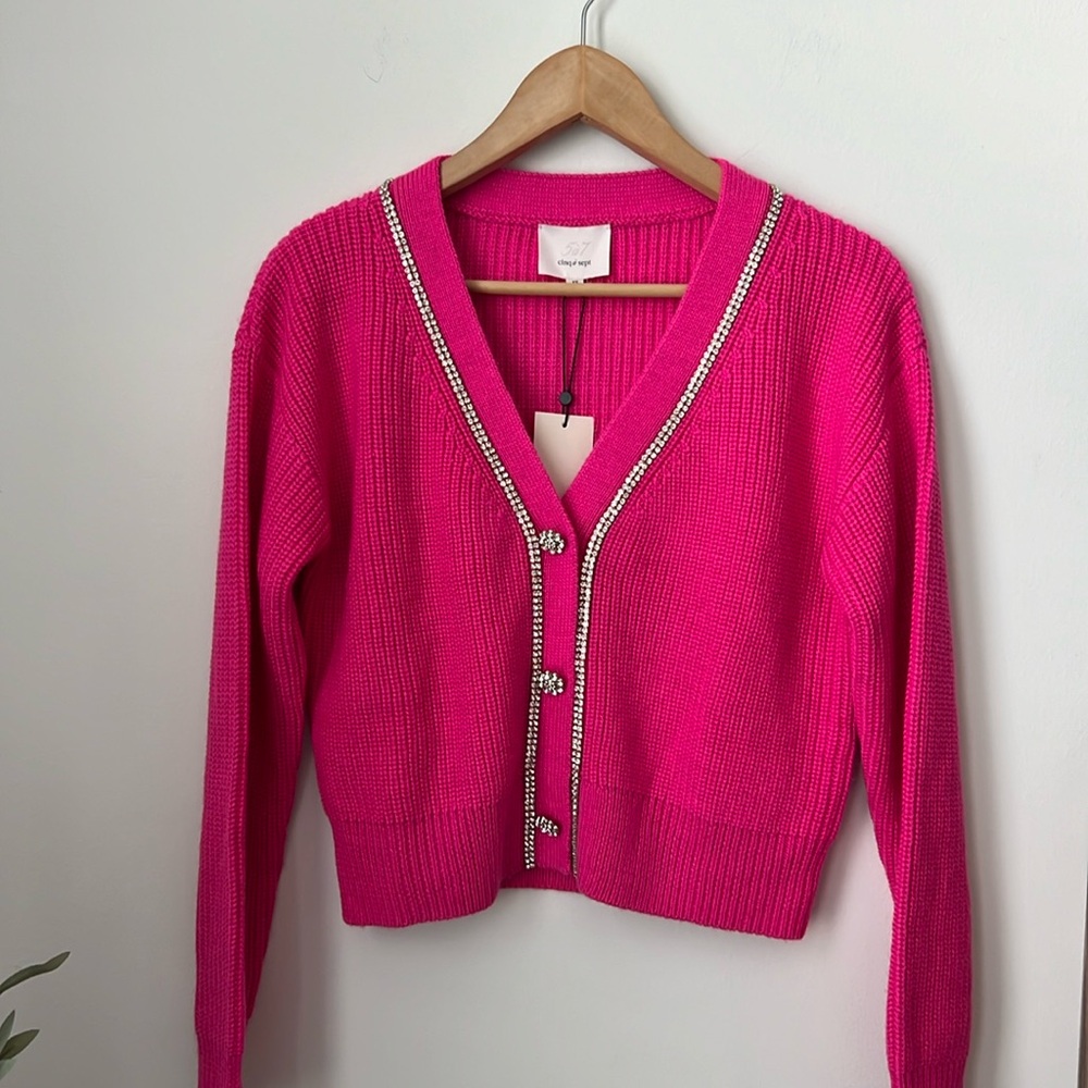 Cinq à Sept Fuchsia Cardigan with Metallic Trim